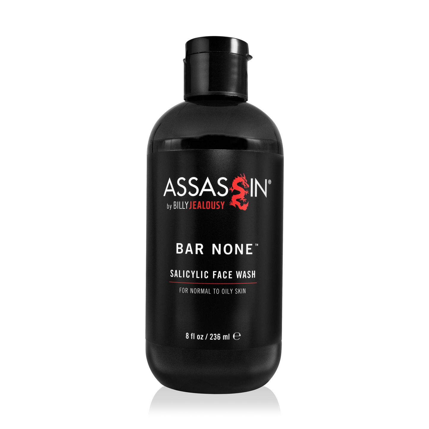 Black bottle of Assassin Bar None Salicylic Face Wash on a white background
