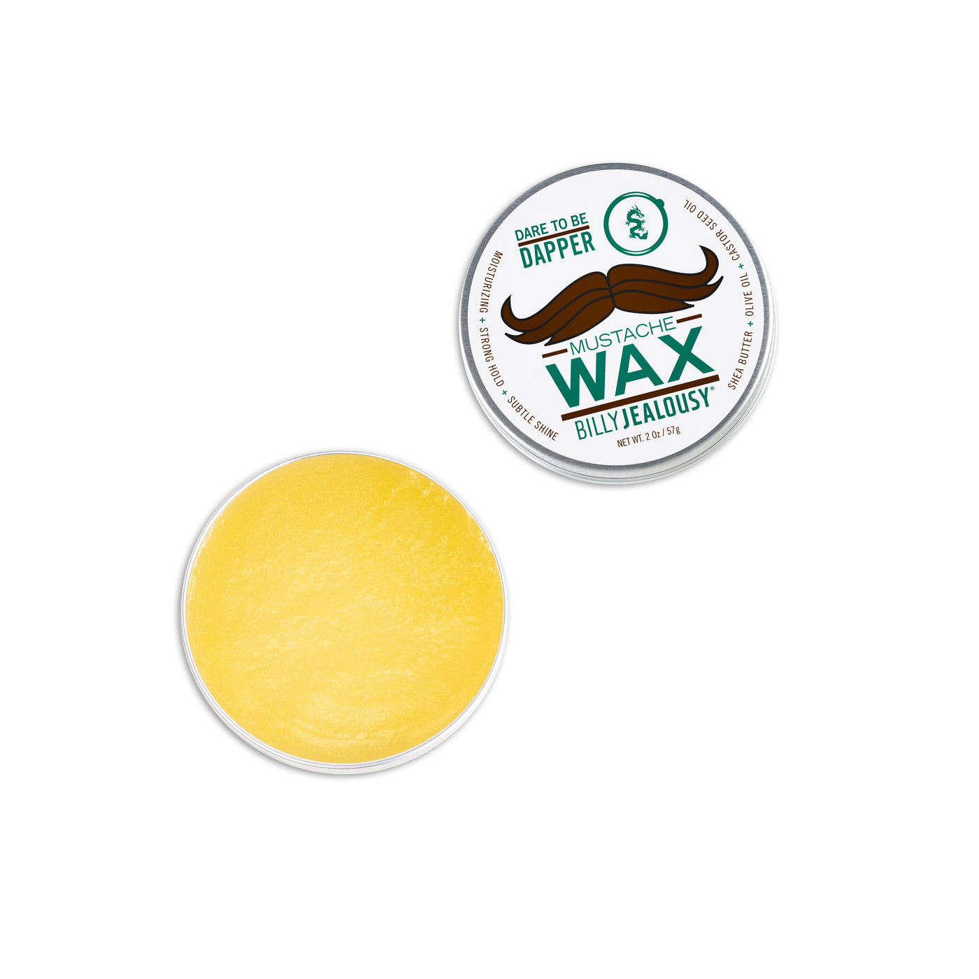 (Product image): open 2oz aluminum tin of Bulletproof mustache wax. Product inside is yellow and waxy.