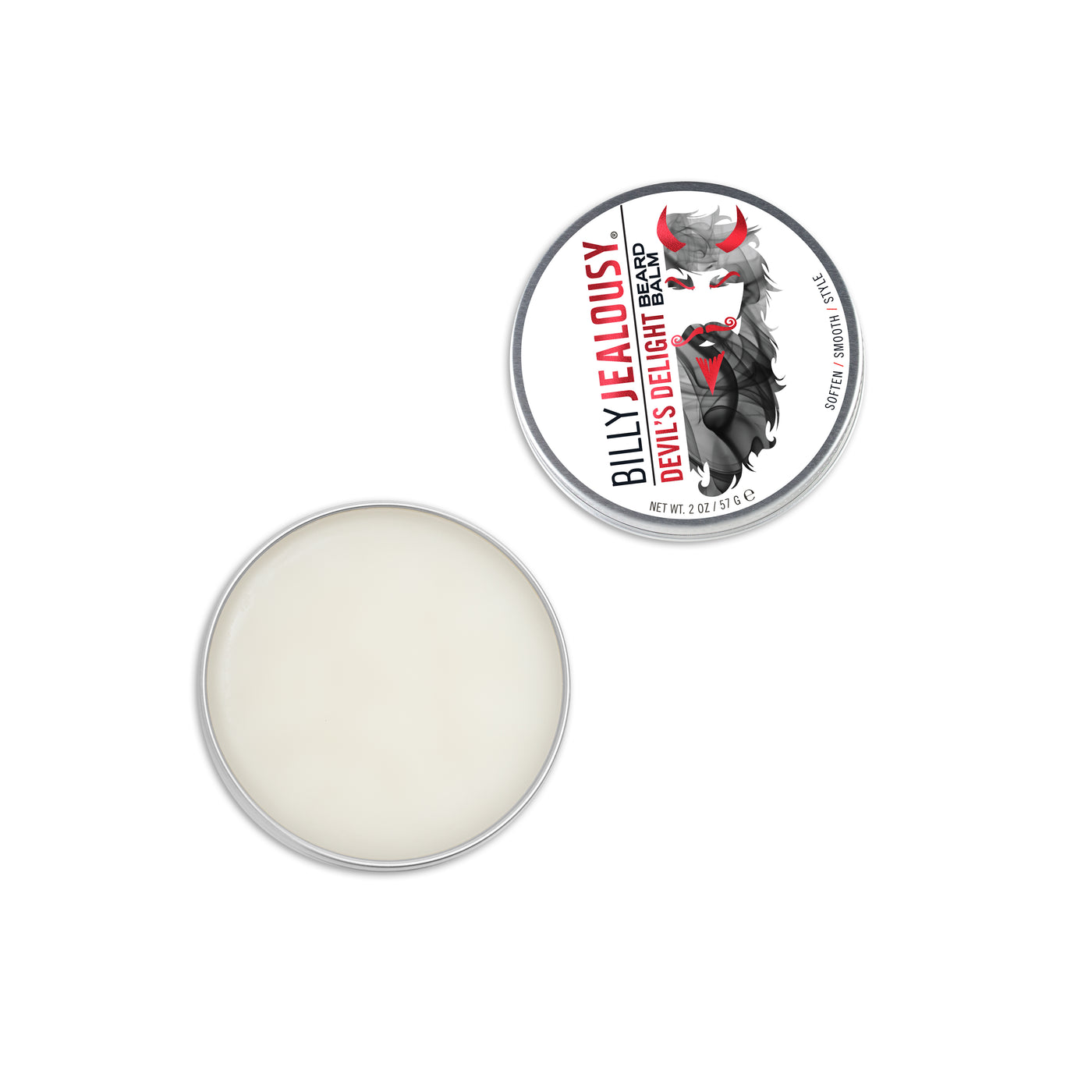 (Product image): open 2oz aluminum tin of Devil's Delight beard balm. Product inside is white and waxy.