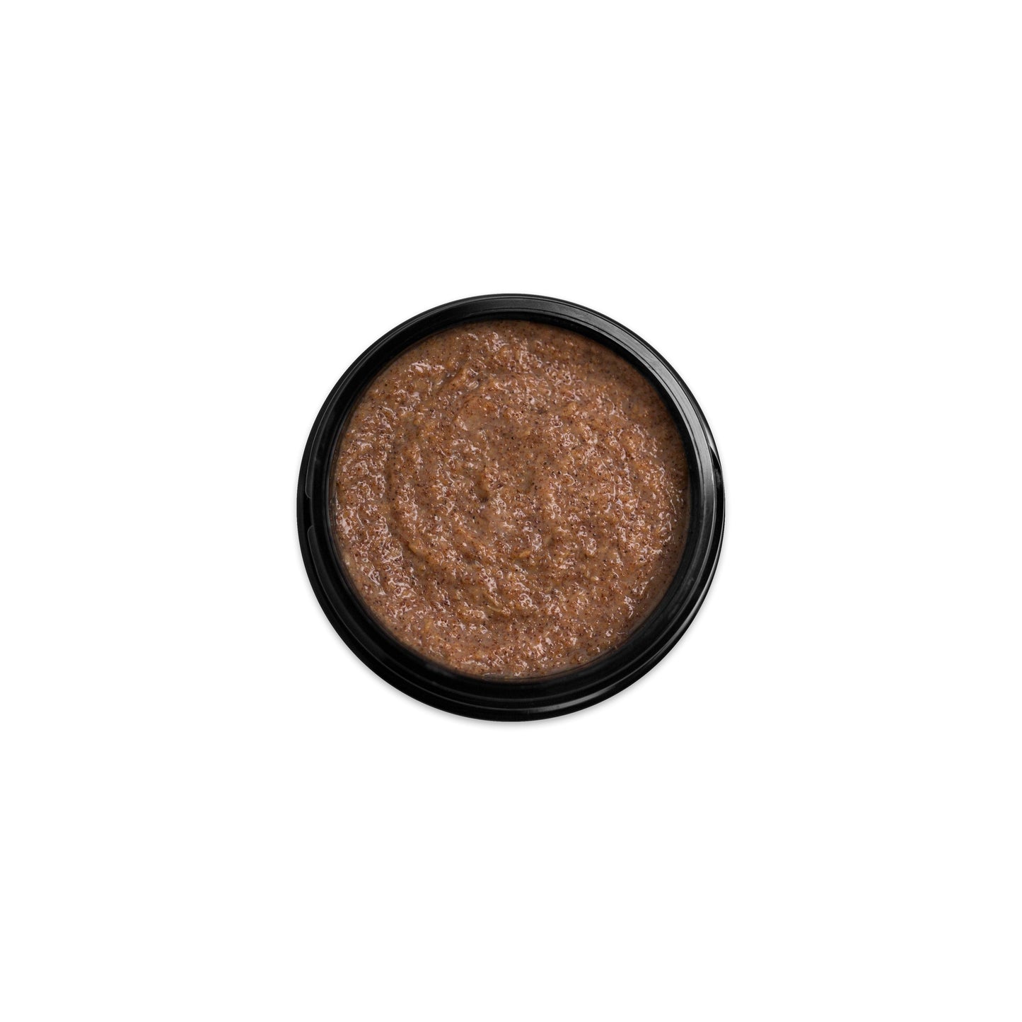(Product image): Open 1.7oz jar of Assassin Deep Exfoliating Scrub, shown on a white background. Product inside is brown with a sandy texture.