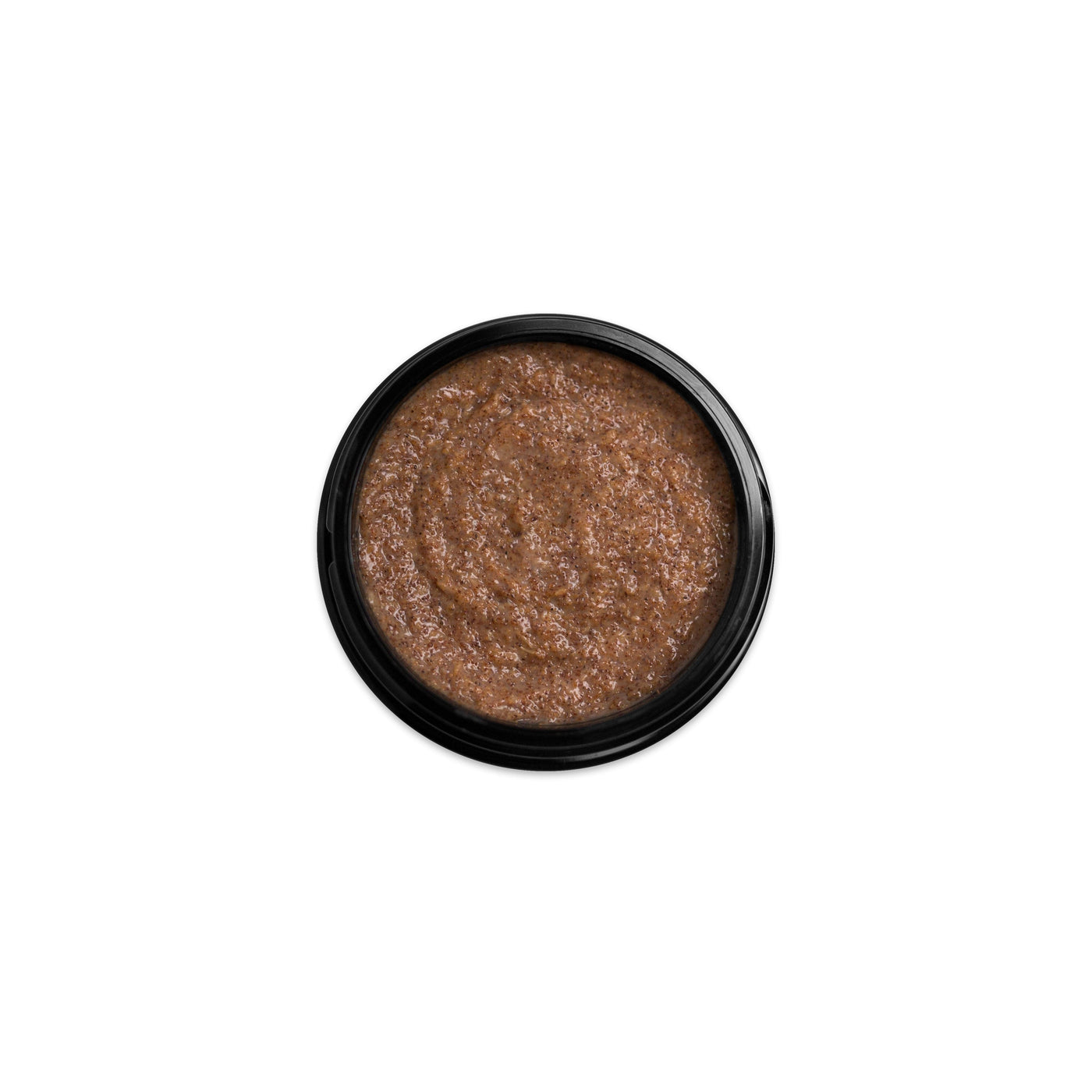 (Product image): Open 1.7oz jar of Assassin deep exfoliating scrub. Product inside is brown with a sandy texture.