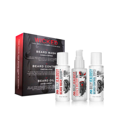 (Product image): Wicked Beard Trio kit contents out of box. 2oz bottle of Beard Wash, 2oz bottle of Beard Control, and 2oz bottle of Devil's Delight beard oil.