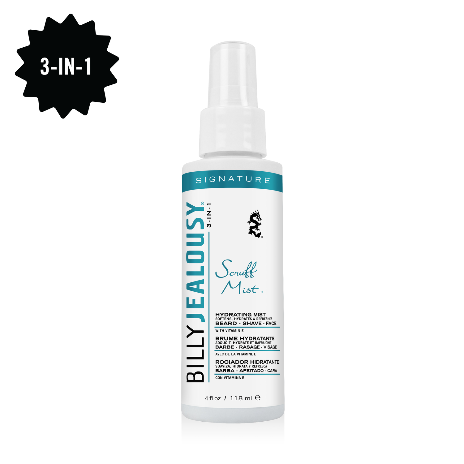 Spray bottle of Billy Jealousy Scruff Mist Hydrating Mist, shown on a white background with '3-in-1' label.