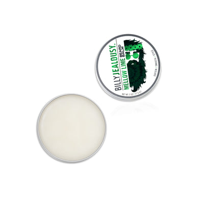 (Product image): open 2oz aluminum tin of Mellow Lime beard balm. Product inside is white and waxy.