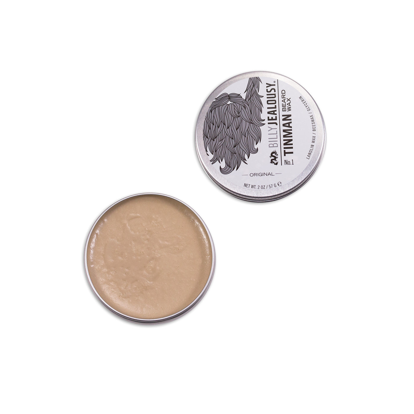 (Product image): open 2oz aluminum tin of Tin Man beard wax.