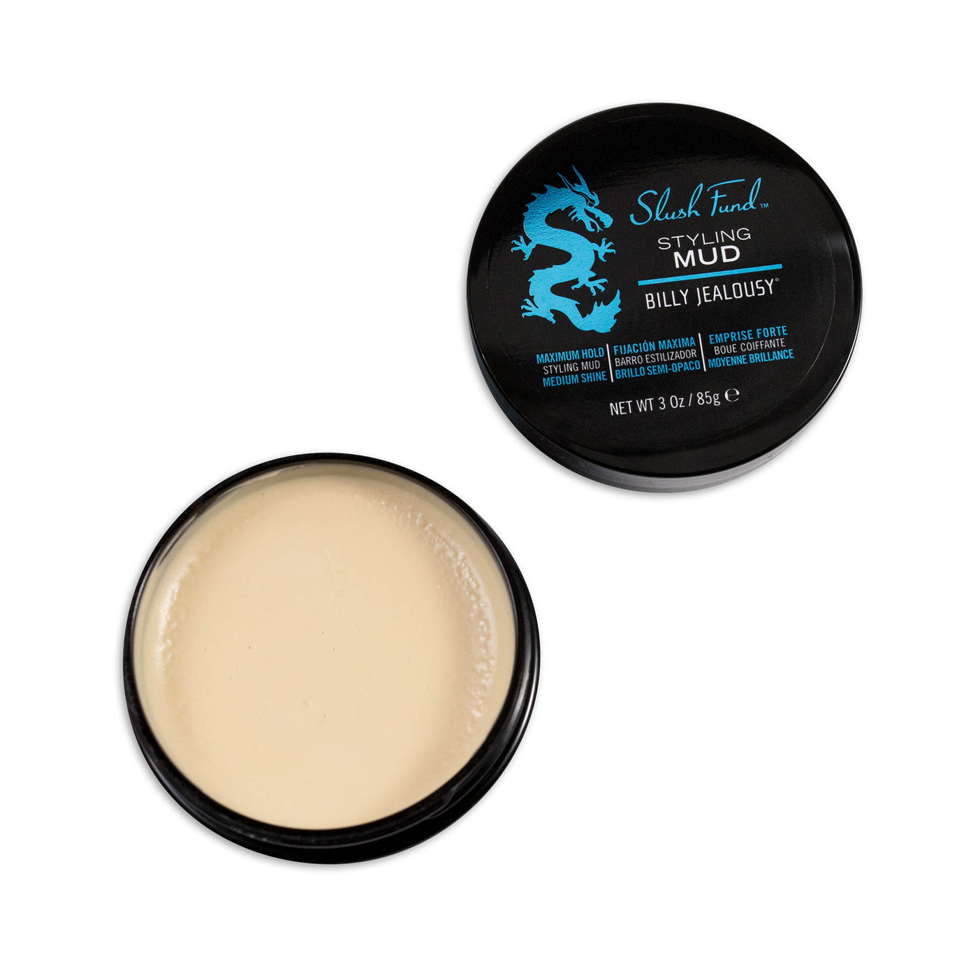 (Product image): Open 3oz jar of Slush Fund Styling Mud.